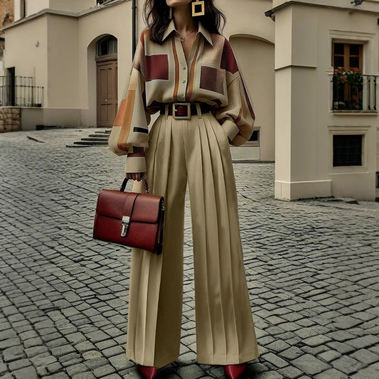 NastyENF Squared Away 2 Piece Set with Puff Sleeve Shirt and Wide Leg Pleated Pants