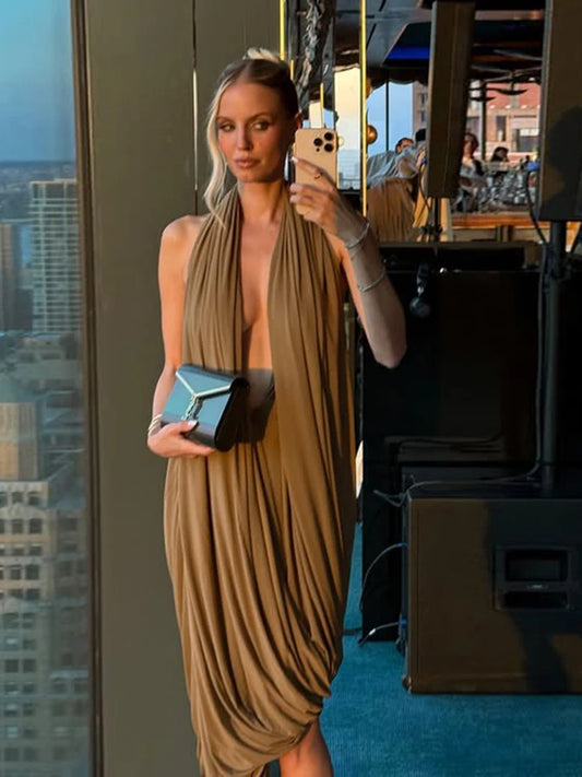 NastyENF Draping Ruched Halter Maxi Dress with Irregular Hem