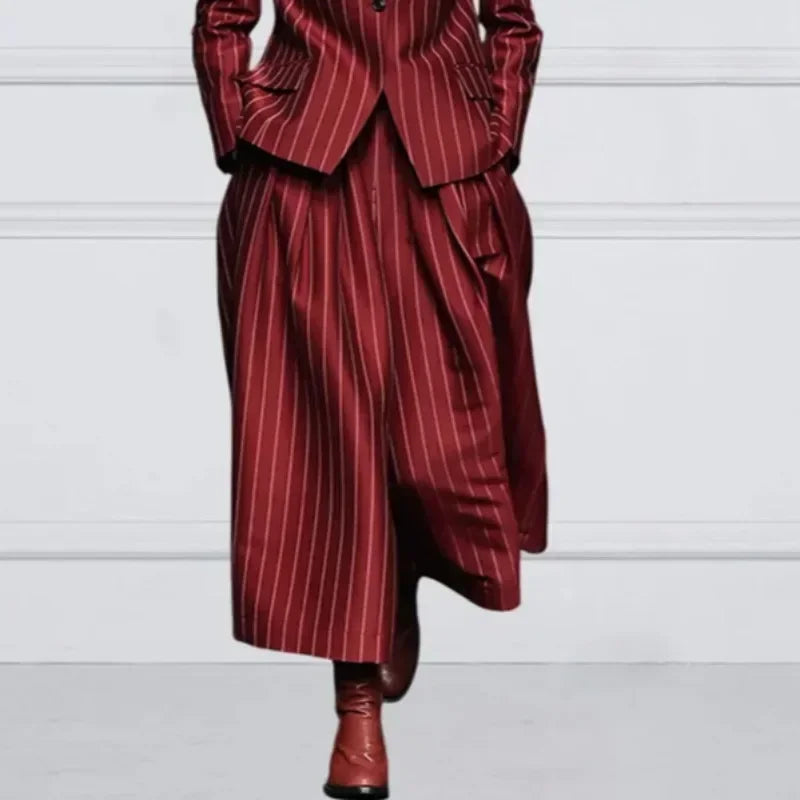 NastyENF Get In Line Striped Long Sleeve Blazer with Notched Collar & High Waist Wide Leg Pants