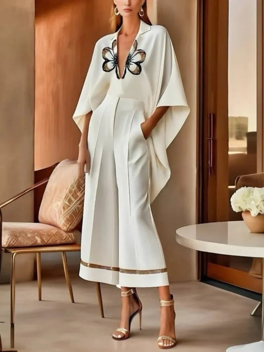 NastyENF Blossoms High-Low Flower Print V-Neck Top and Casual Wide Leg Pants with Pockets