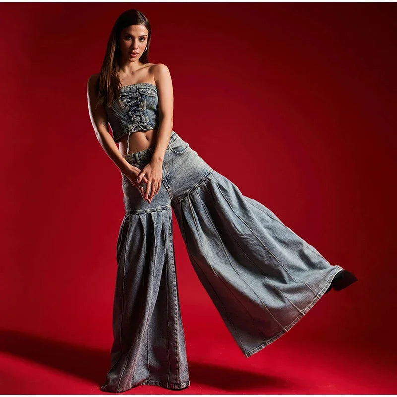 NastyENF Eruption Denim Flare Pant Set with Bandage Tube Crop Top