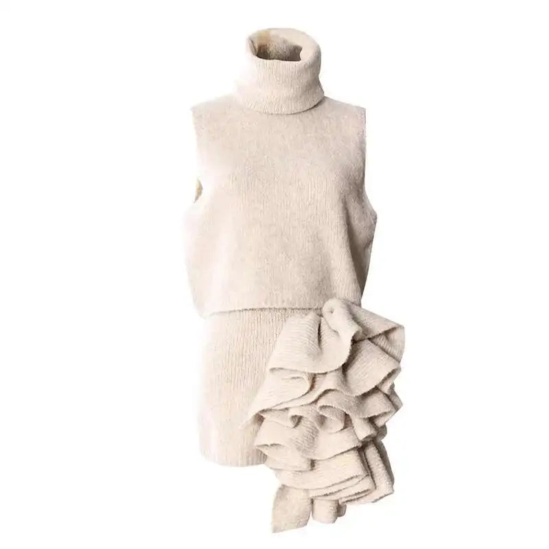 NastyENF Effortless Long Sweater Coat with Three Dimensional Flower Mini Skirt and Knitted Cardigan