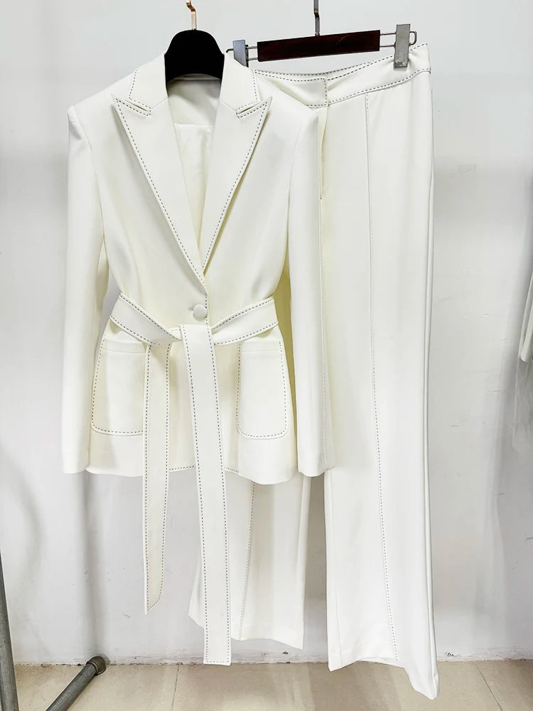 NastyENF In Stitches Designer Suit Set with Contrast Stitching and Belted Blazer