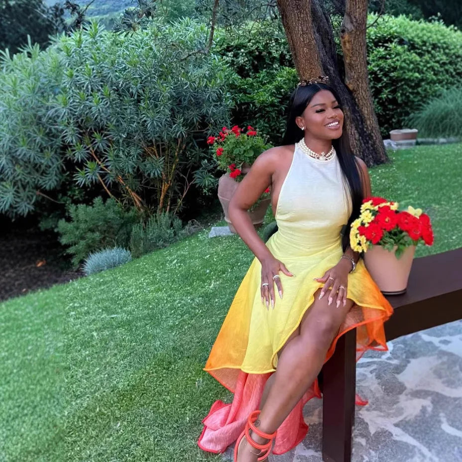 NastyENF Sunsets O-neck Gradient Print Sleeveless Mermaid Dress