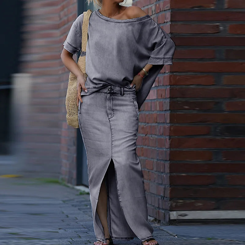 NastyENF Unbothered Skew Collar Two Piece Casual Skirt Suit