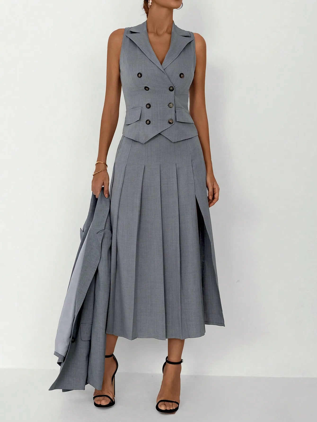 NastyENF Three Peat Elegant Three Piece Business Suit Set with Vest and Pleated Midi Skirt