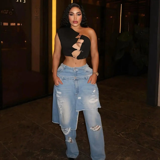 NastyENF Decisions Retro Sexy Irregular High Waist Ripped Jeans