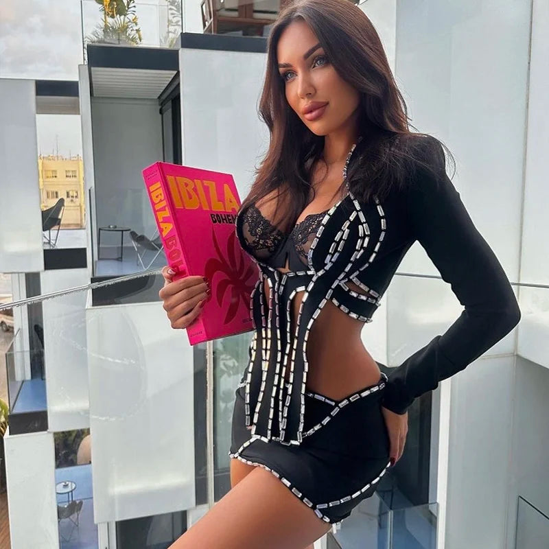 NastyENF Unapologetic Shining Crystal Bodycon Skirt Set