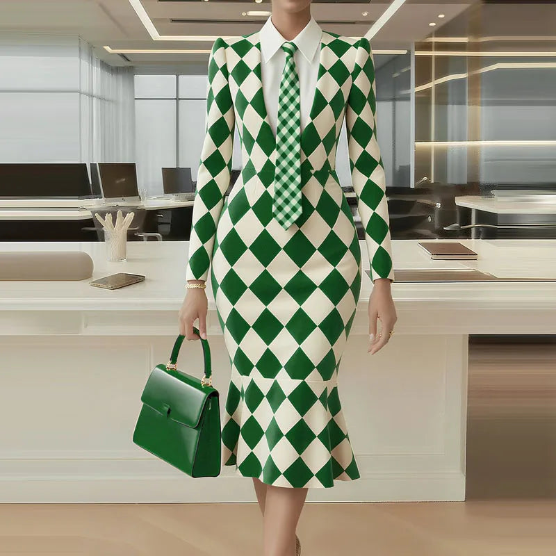 NastyENF Standing On Business Elegant Lattice Print Fishtail Dress