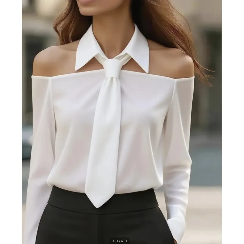 NastyENF Cut Him Off Elegant Off Shoulder Blouse with Necktie
