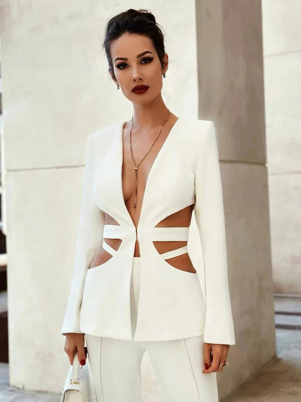 NastyENF Cut It Out Sexy V-neck Long Sleeve Jacket+High Waist Flare Pants with Cutout Detail