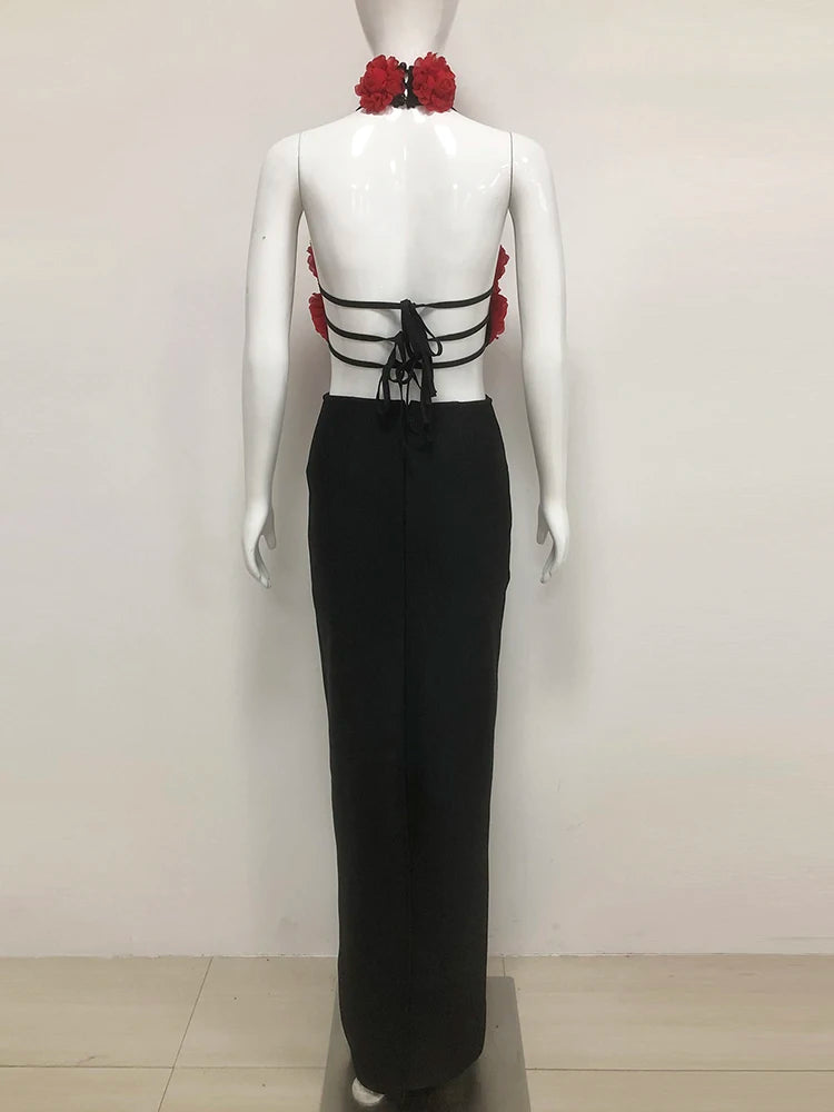 NastyENF Coming Up Roses Sexy Halter 3D Flower Backless Lace-up Bodycon Dress