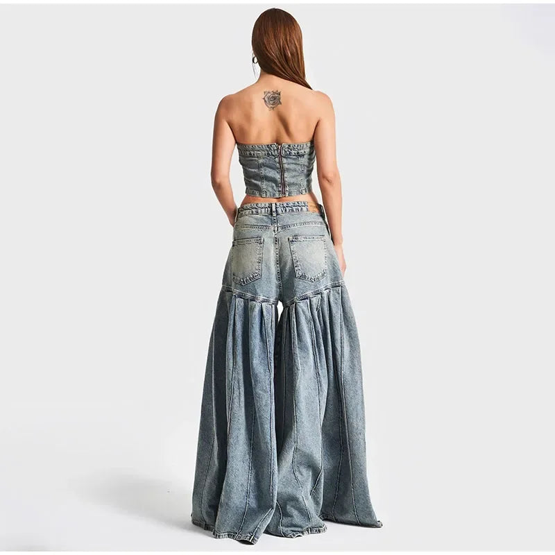 NastyENF Eruption Denim Flare Pant Set with Bandage Tube Crop Top