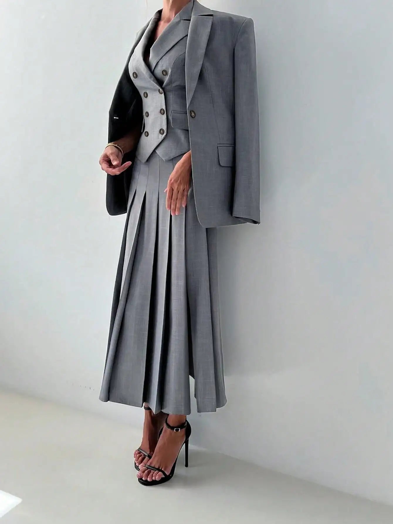 NastyENF Three Peat Elegant Three Piece Business Suit Set with Vest and Pleated Midi Skirt