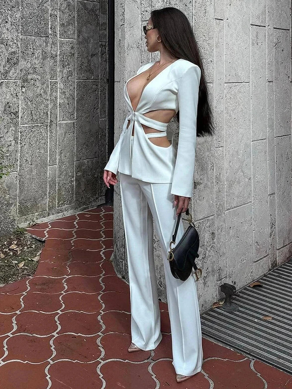 NastyENF Cut It Out Sexy V-neck Long Sleeve Jacket+High Waist Flare Pants with Cutout Detail