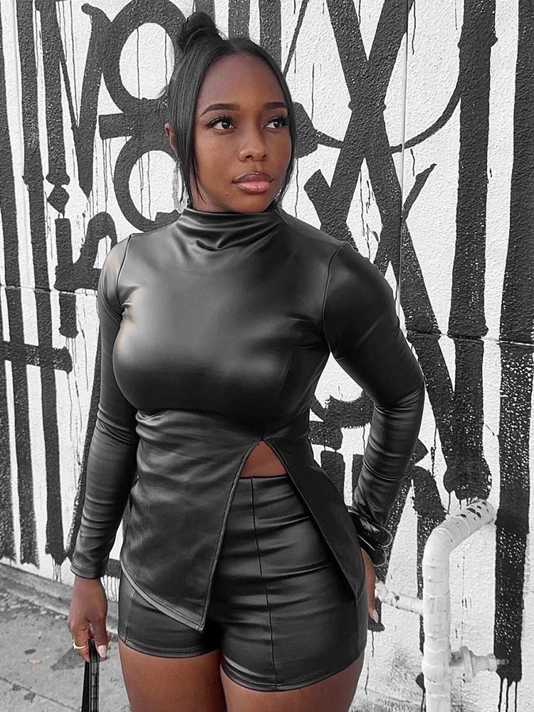 NastyENF Short Term Faux Leather 2 Piece Short Set with Full Sleeve and Side Split