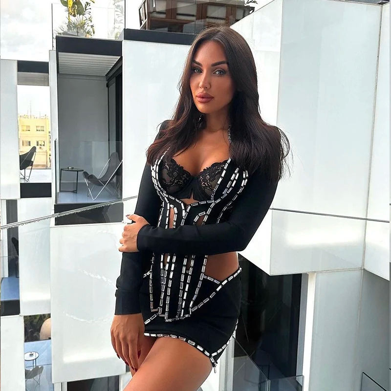 NastyENF Unapologetic Shining Crystal Bodycon Skirt Set