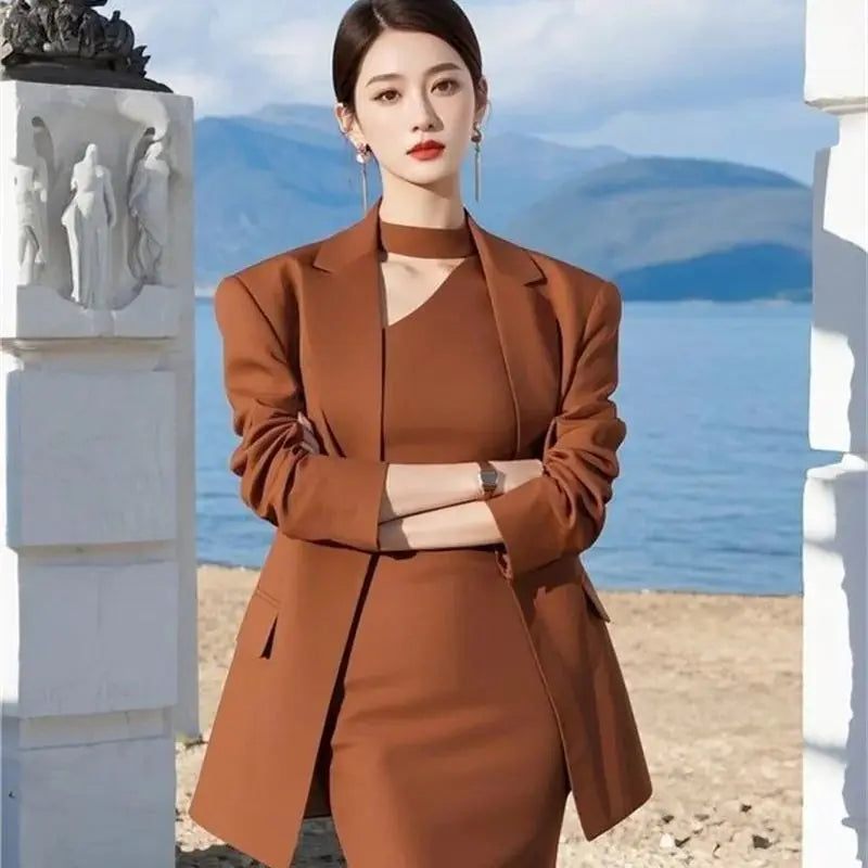 NastyENF Classified Skirt Set with Elegant Blazer+Halter Neck Midi Dress