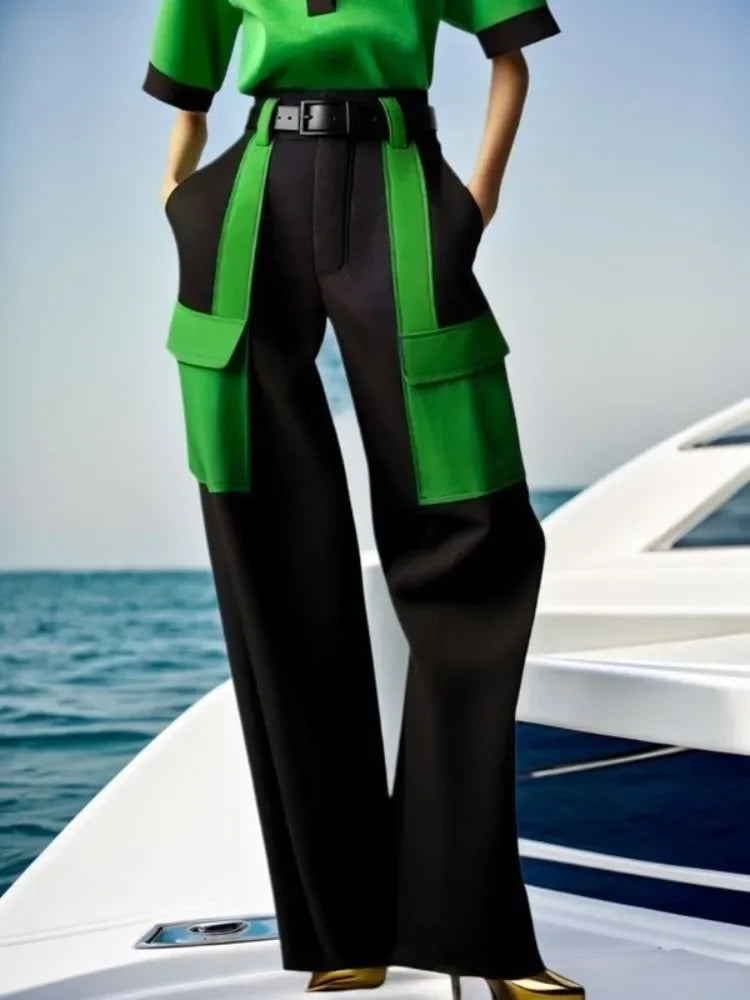 NastyENF Contrary Contrast Color V-Neck Blouse and Pocket Trousers (No belt included)