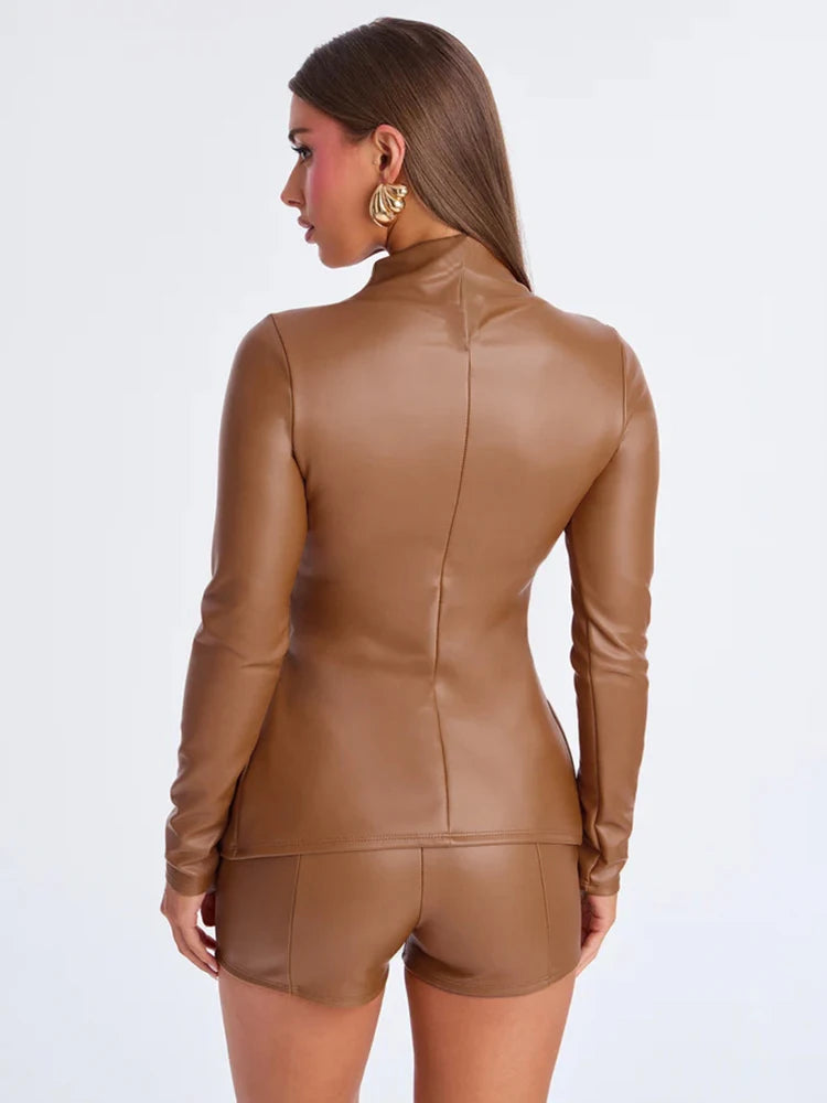 NastyENF Short Term Faux Leather 2 Piece Short Set with Full Sleeve and Side Split