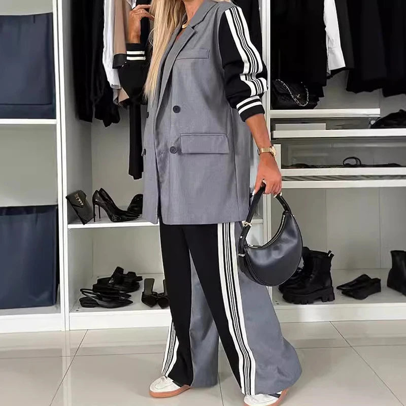NastyENF Out Of Office Double Breasted Color Blocked Blazer Pants Suit