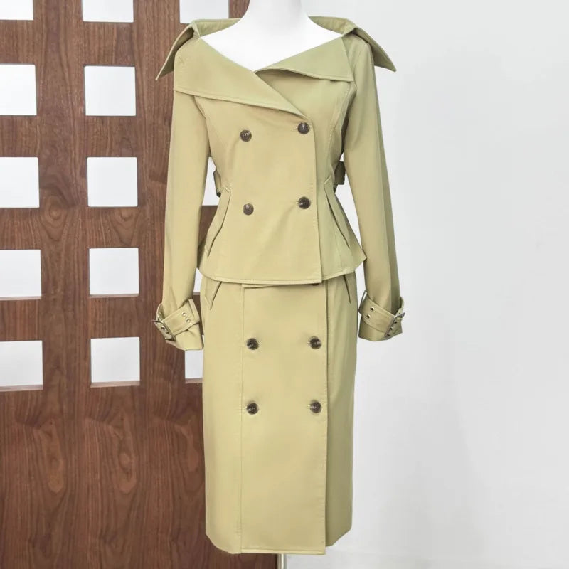 NastyENF In The Trenches Sexy Double-Breasted Short Trench Coat and Wrapped Skirt