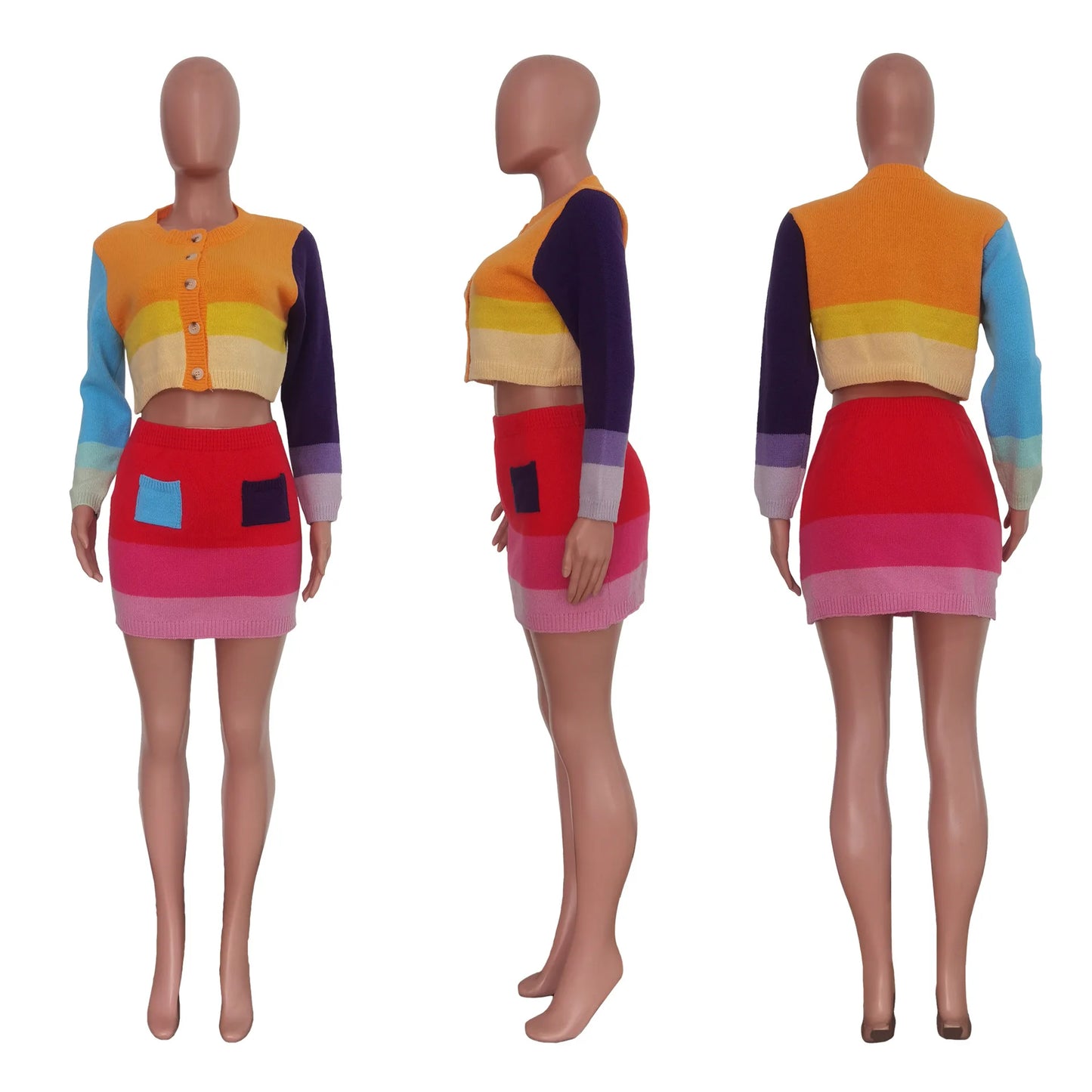 NastyENF Versus Contrast Knitted Two Piece Set with Long Sleeve Cardigan and Mini Skirt