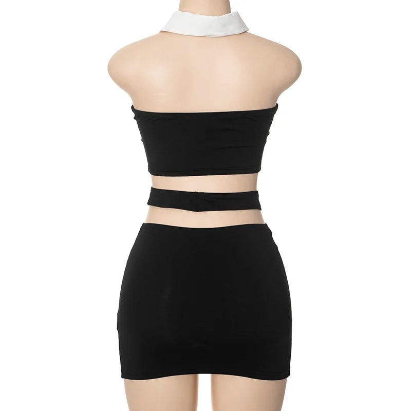 NastyENF Bunny Tails Black Halter Crop Top Skirt Set