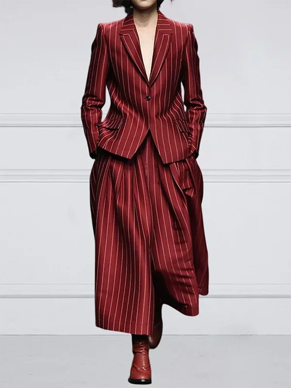 NastyENF Get In Line Striped Long Sleeve Blazer with Notched Collar & High Waist Wide Leg Pants