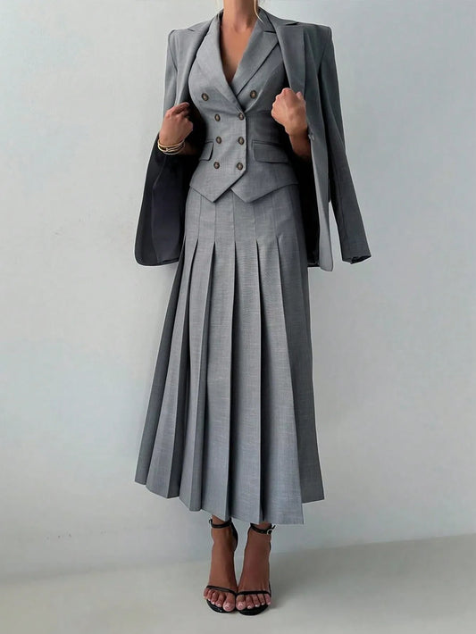 NastyENF Three Peat Elegant Three Piece Business Suit Set with Vest and Pleated Midi Skirt
