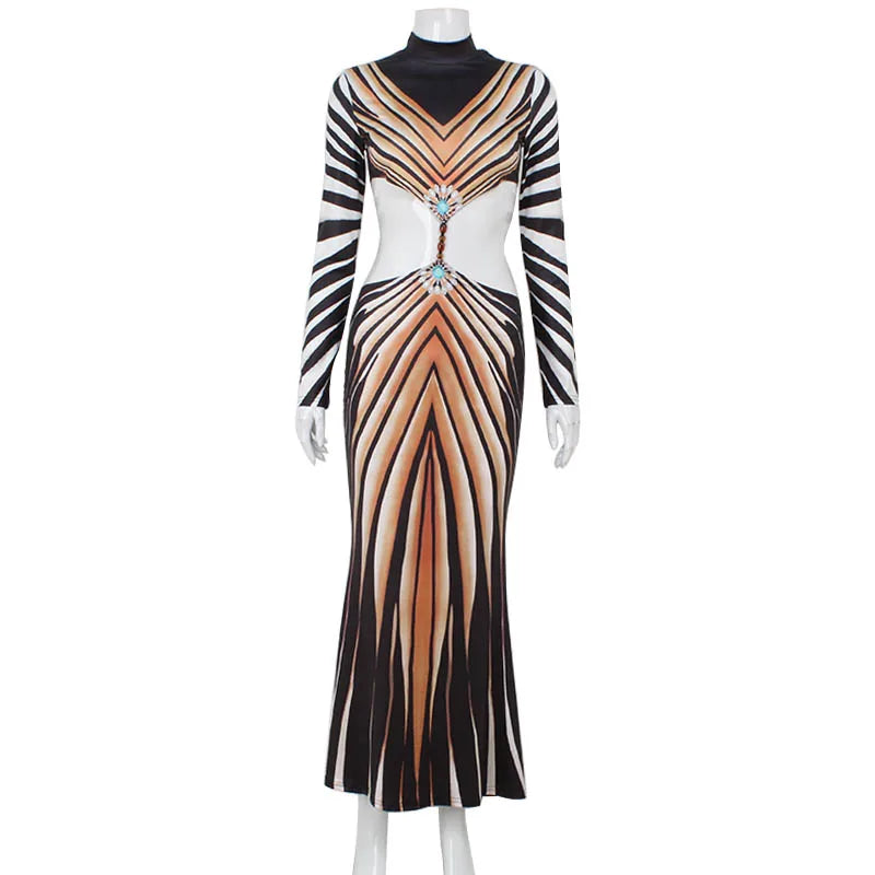 NastyENF Tiger Stripes Sexy Slim Fitting Printed Backless Dress