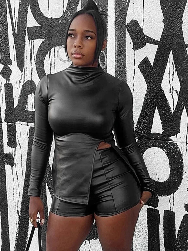 NastyENF Short Term Faux Leather 2 Piece Short Set with Full Sleeve and Side Split