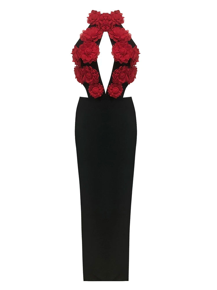 NastyENF Coming Up Roses Sexy Halter 3D Flower Backless Lace-up Bodycon Dress