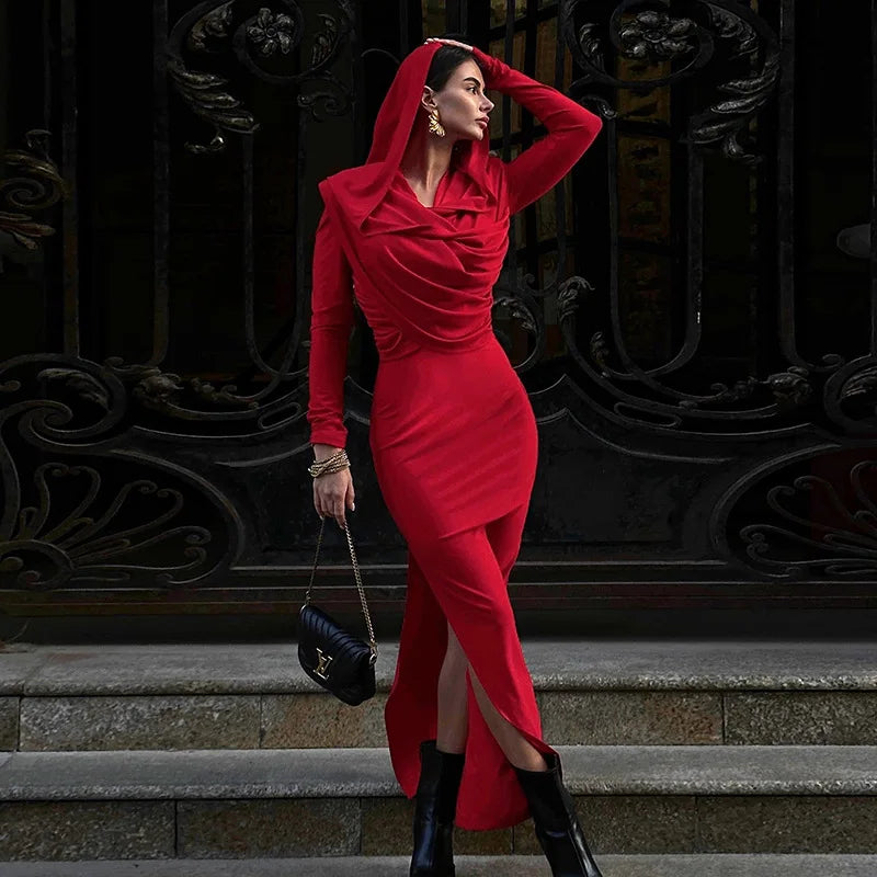 NastyENF Red Riding Hood Sexy Pleated Bodycon Hoodie Dress