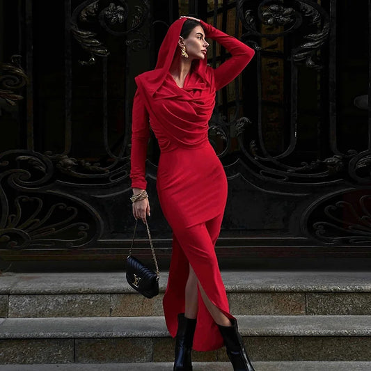 NastyENF Red Riding Hood Sexy Pleated Bodycon Hoodie Dress