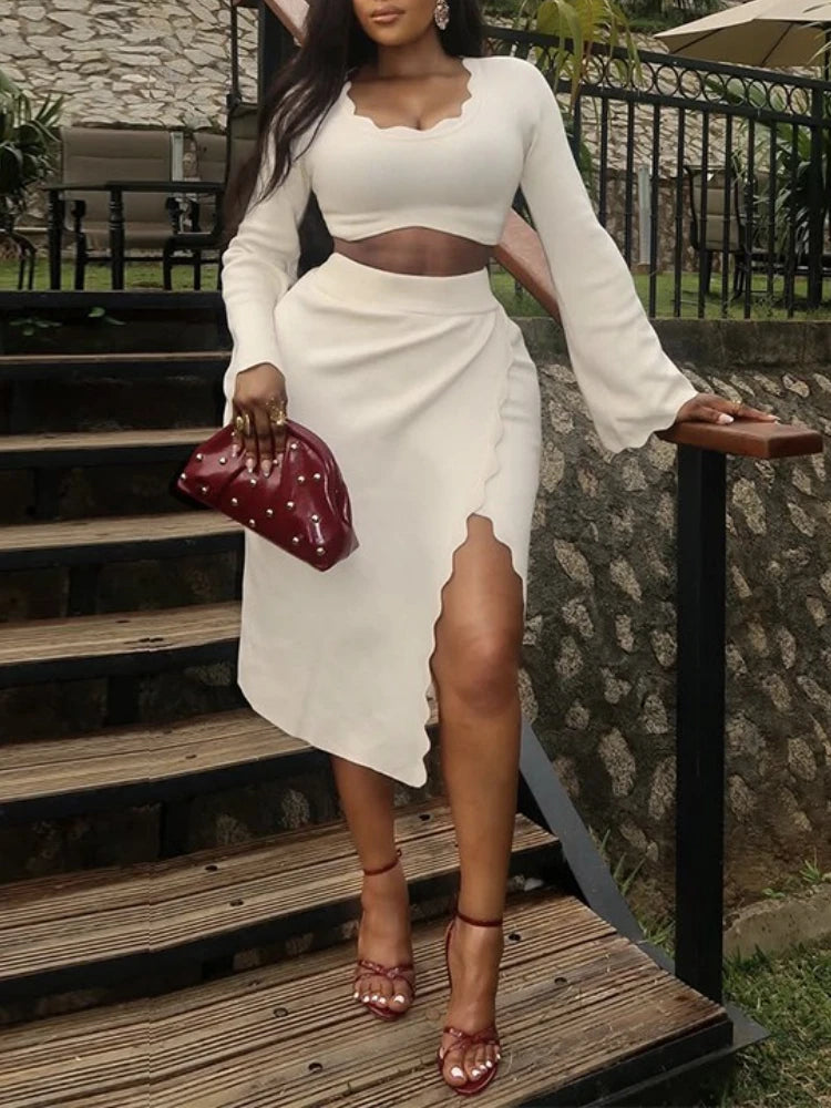 NastyENF Scalloped Sexy Wave Cut Two Piece Skirt Set with Flared Sleeves and Side Slit