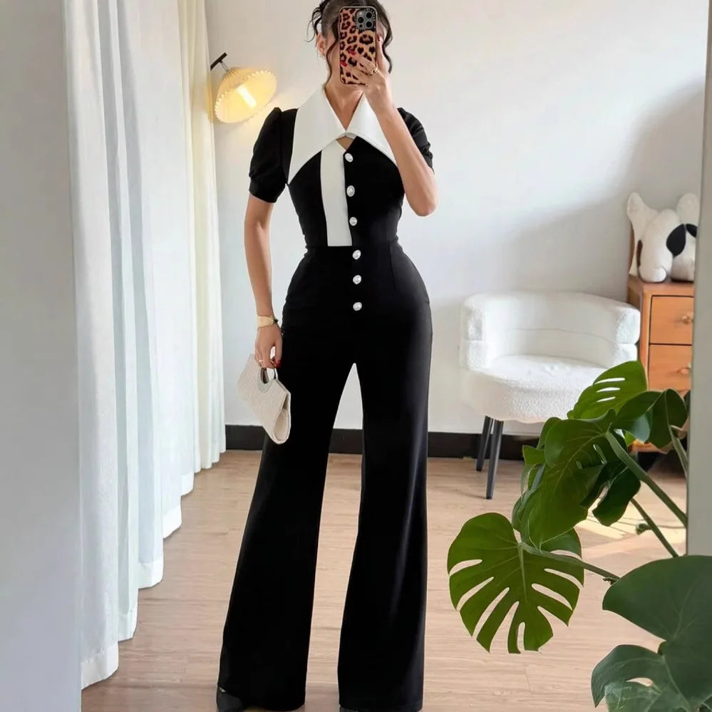 NastyENF Jest Because Short Sleeve Patchwork Wide Leg Jumpsuit