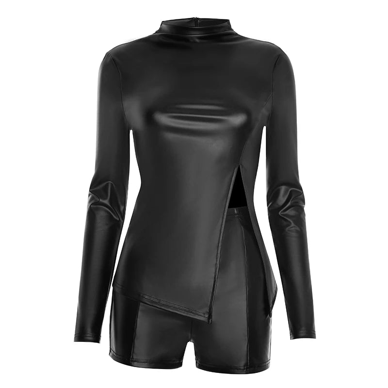 NastyENF Short Term Faux Leather 2 Piece Short Set with Full Sleeve and Side Split
