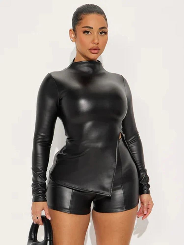 NastyENF Short Term Faux Leather 2 Piece Short Set with Full Sleeve and Side Split