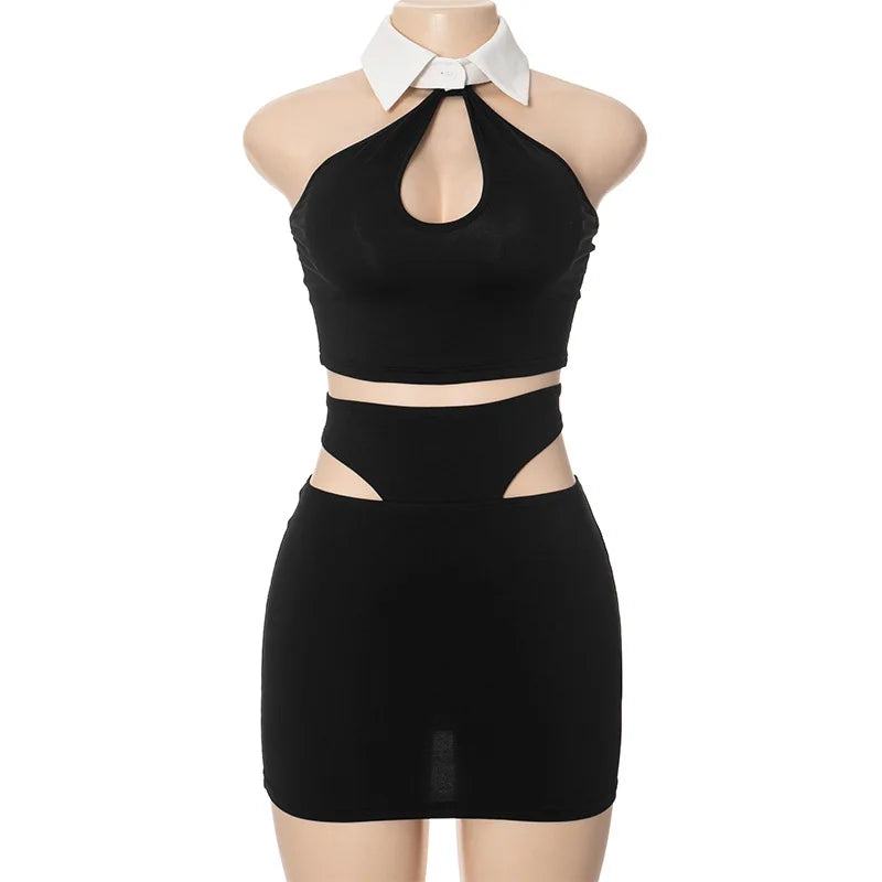 NastyENF Bunny Tails Black Halter Crop Top Skirt Set