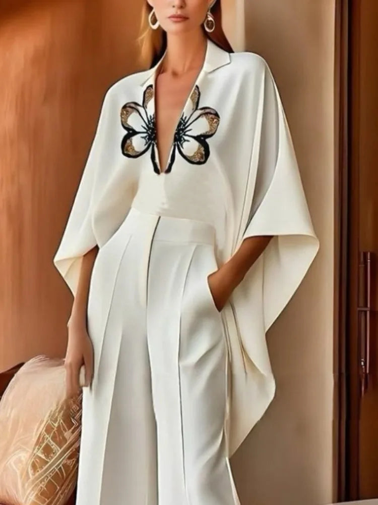 NastyENF Blossoms High-Low Flower Print V-Neck Top and Casual Wide Leg Pants with Pockets