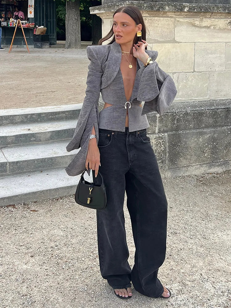 NastyENF Executive Decisions Sexy Deep V-neck Woolen Jacket with Flare Sleeve