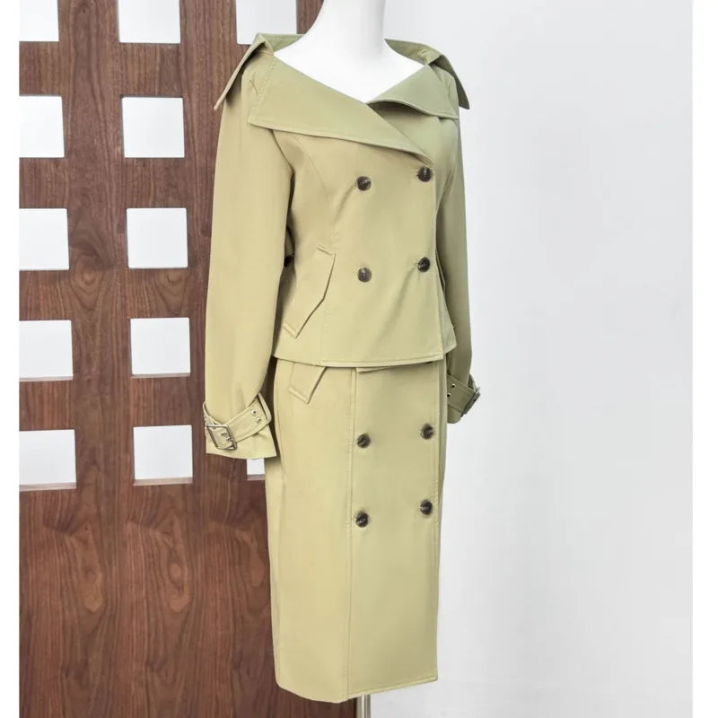 NastyENF In The Trenches Sexy Double-Breasted Short Trench Coat and Wrapped Skirt