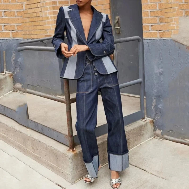 NastyENF TGIF Patchwork Jean Set with Loose Bottoms and Deep V-Neck