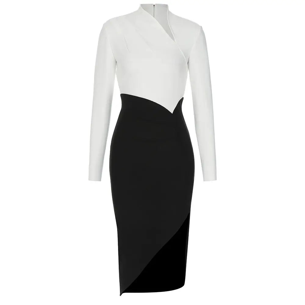 NastyENF In Contrast Sexy Black and White Bandage Dress with Diagonal Collar and Split