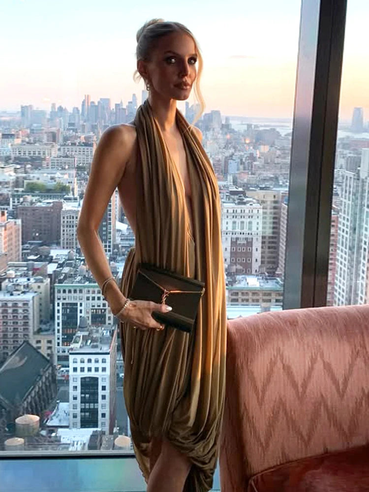 NastyENF Draping Ruched Halter Maxi Dress with Irregular Hem