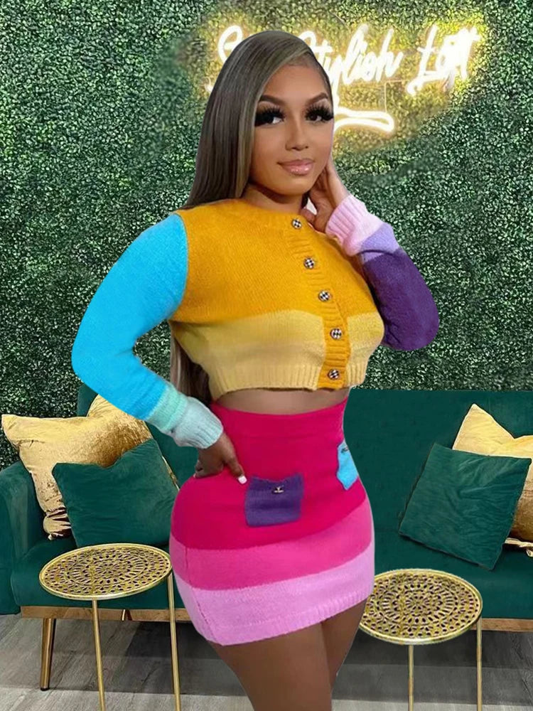 NastyENF Versus Contrast Knitted Two Piece Set with Long Sleeve Cardigan and Mini Skirt