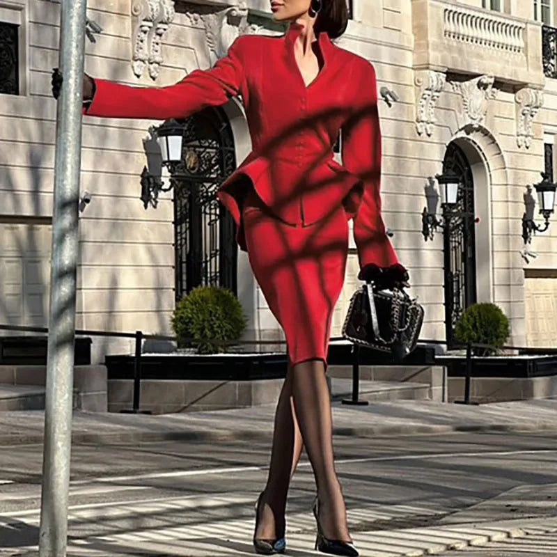 NastyENF Established Sexy V Neck Button Top and Skirt Suit