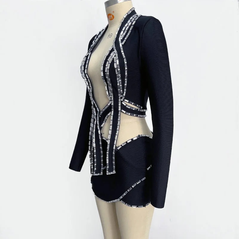 NastyENF Unapologetic Shining Crystal Bodycon Skirt Set