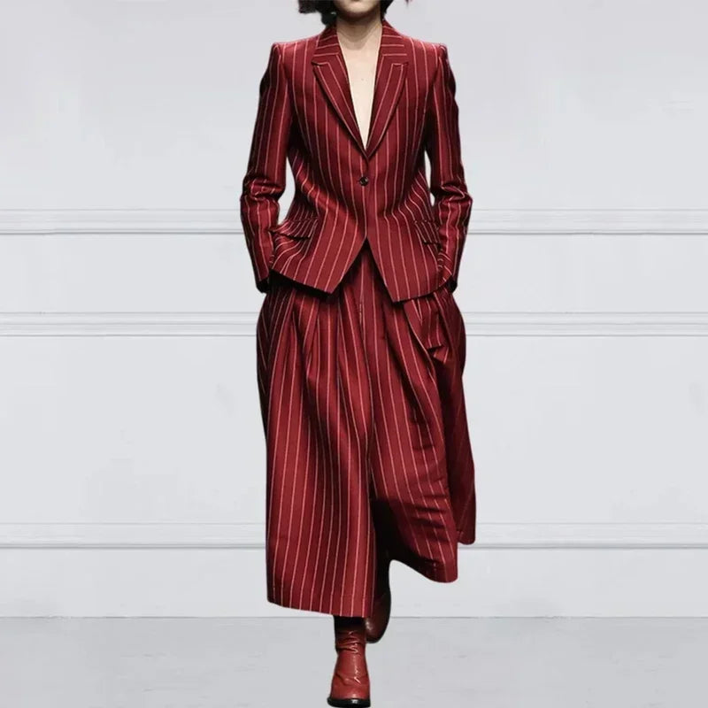 NastyENF Get In Line Striped Long Sleeve Blazer with Notched Collar & High Waist Wide Leg Pants